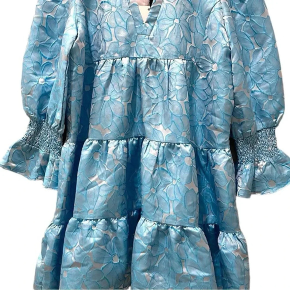 New Tuckernuck Pomander Place Blue Daisy Jacquard Kenzo Long Sleeve Mini Dress - Picture 5 of 14